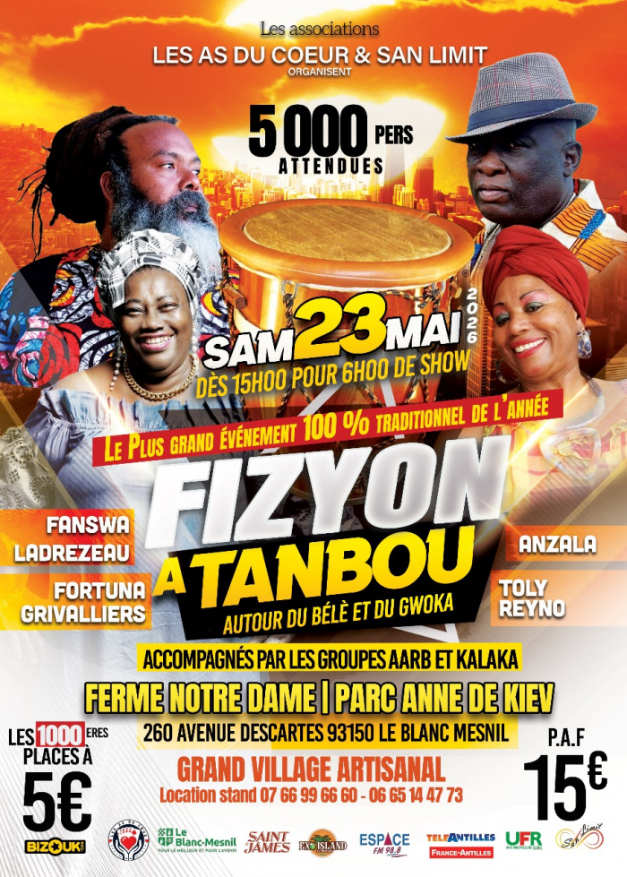 Le samedi 23, la Ferme Notre Dame – Parc Anne de Kiev au Blanc-Mesnil vibrera au rythme du Bèlè et du Gwoka à l’occasion de Fizyon Atanbou, présenté comme le plus grand événement 100 % traditionnel de l’année. Organisé par les associations Les As du Cœur & San Limit, l’événement promet un moment intense de partage culturel, de musique et de transmission.