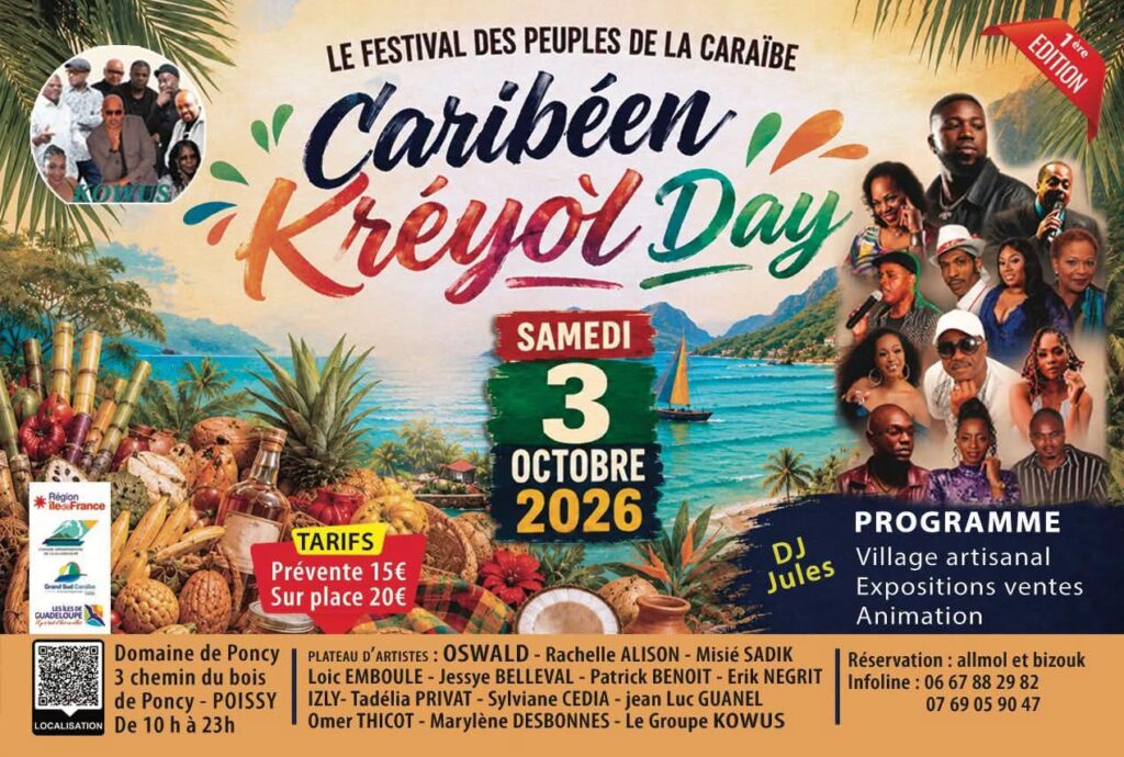 Découvrez le Caribéen Kréyòl Day, samedi 3 octobre 2026 au Domaine de Poncy à Poissy. Concerts, artistes, DJ, village artisanal, expositions et animations de 10h à 23h.